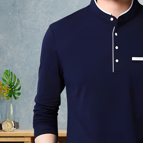 Men Navy Blue Henley Full Sleeve T-Shirt